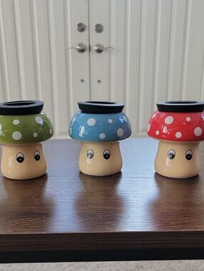 Set Of 3 Small Ceramic Storage Jars - Red, Blue, Green Mushroom Faces